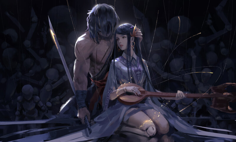 Man and Woman with Instruments — Purple