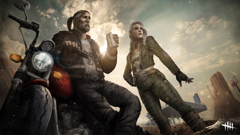 Man and Woman with Motorcycle — Brown, Dramatic