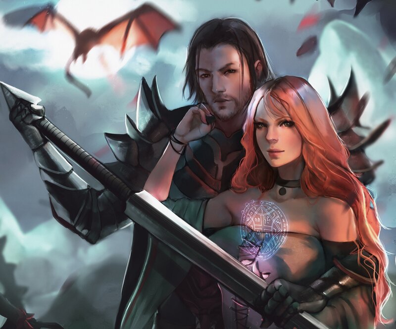 Man and Woman with Sword — Red, Dramatic