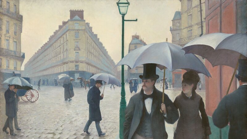 Man and Woman with Umbrellas