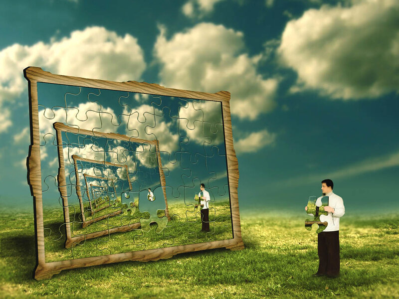 man assembling puzzle mirror
