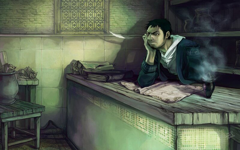 Man at a Desk — Green, Dramatic, Night