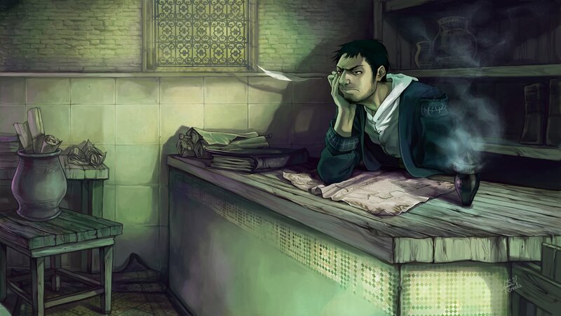 man at a desk in a dim room