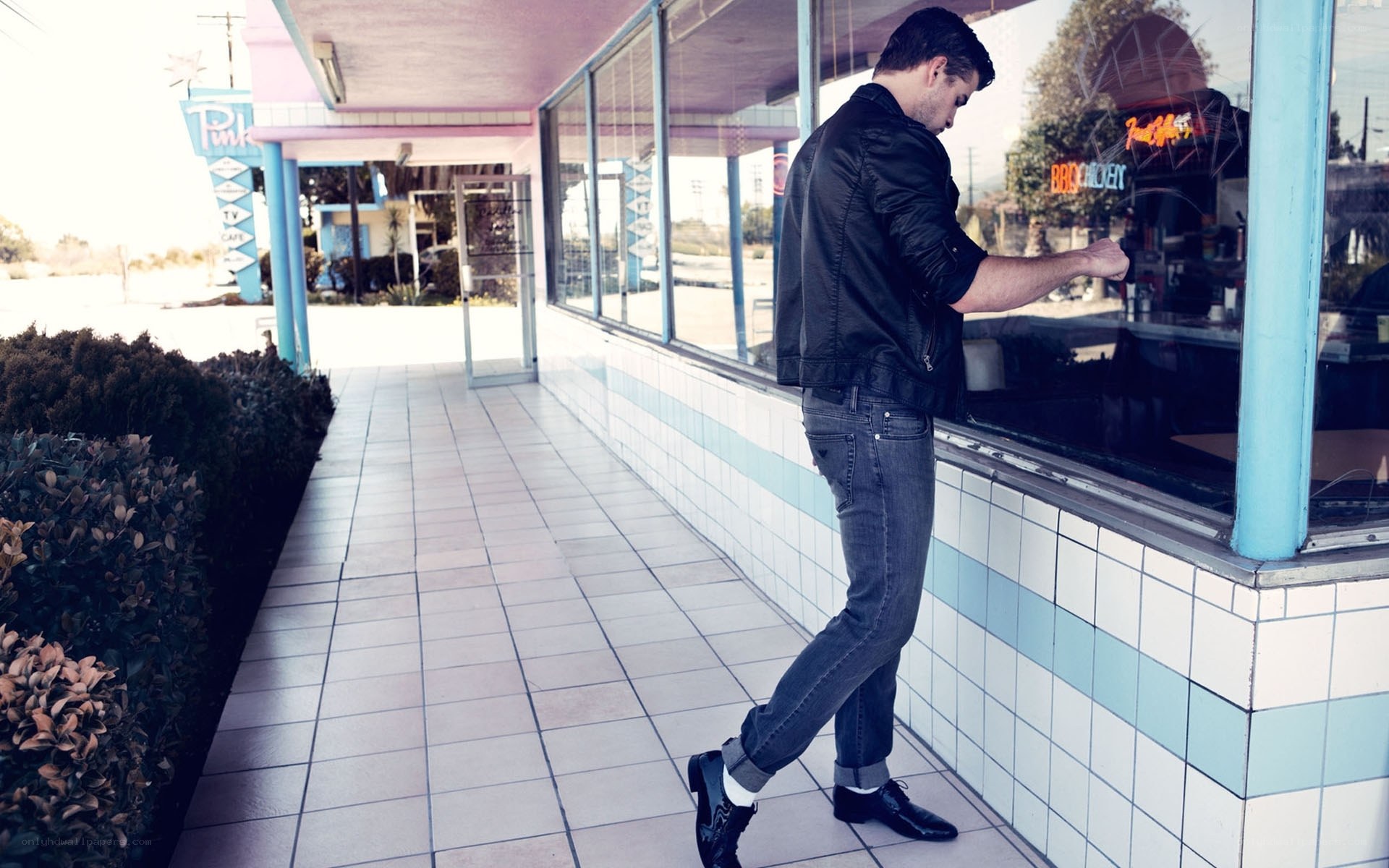 Man at a diner window