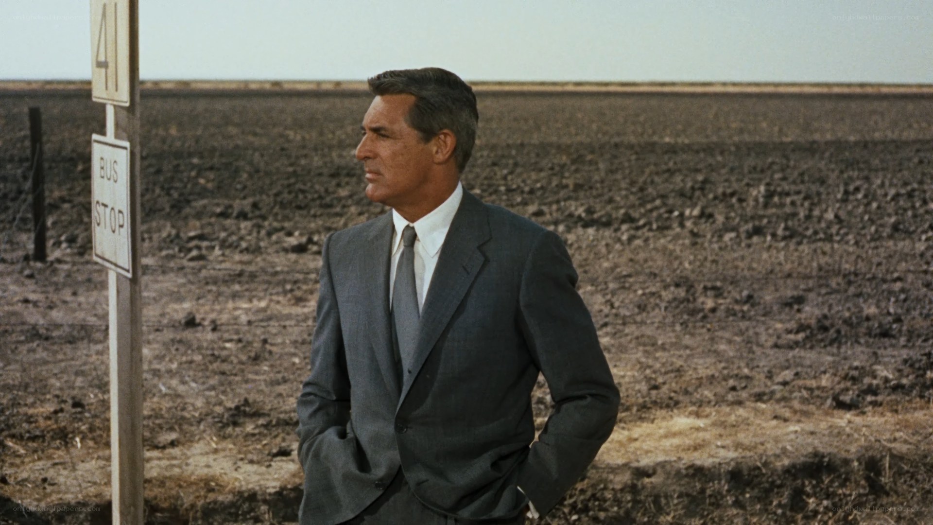 Man at bus stop in desert