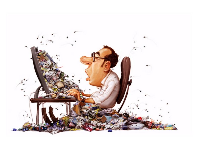 Man at Cluttered Desk — White