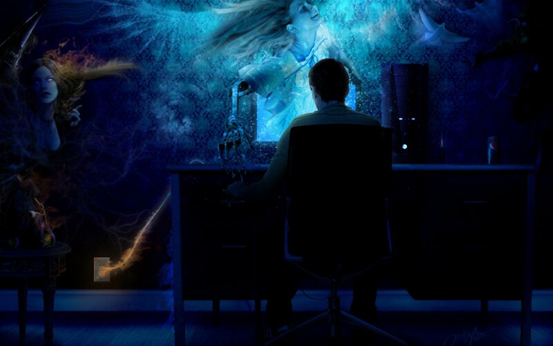 Man at Computer Desk — Blue