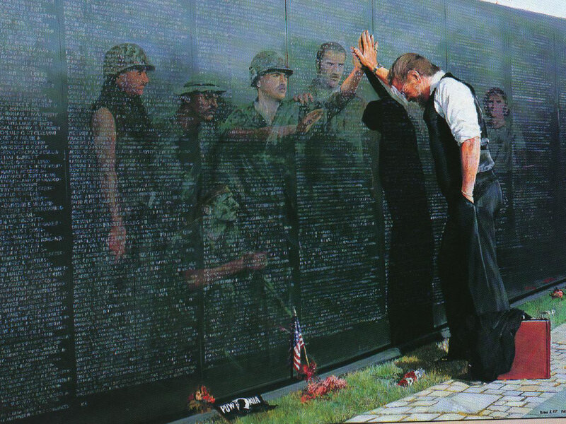 Man at Memorial Wall — Black, Somber