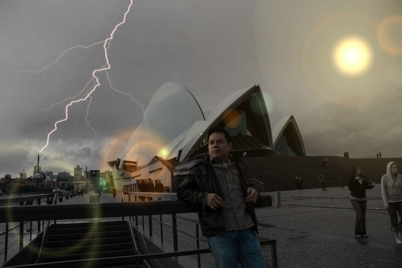Man at Sydney Opera House during storm