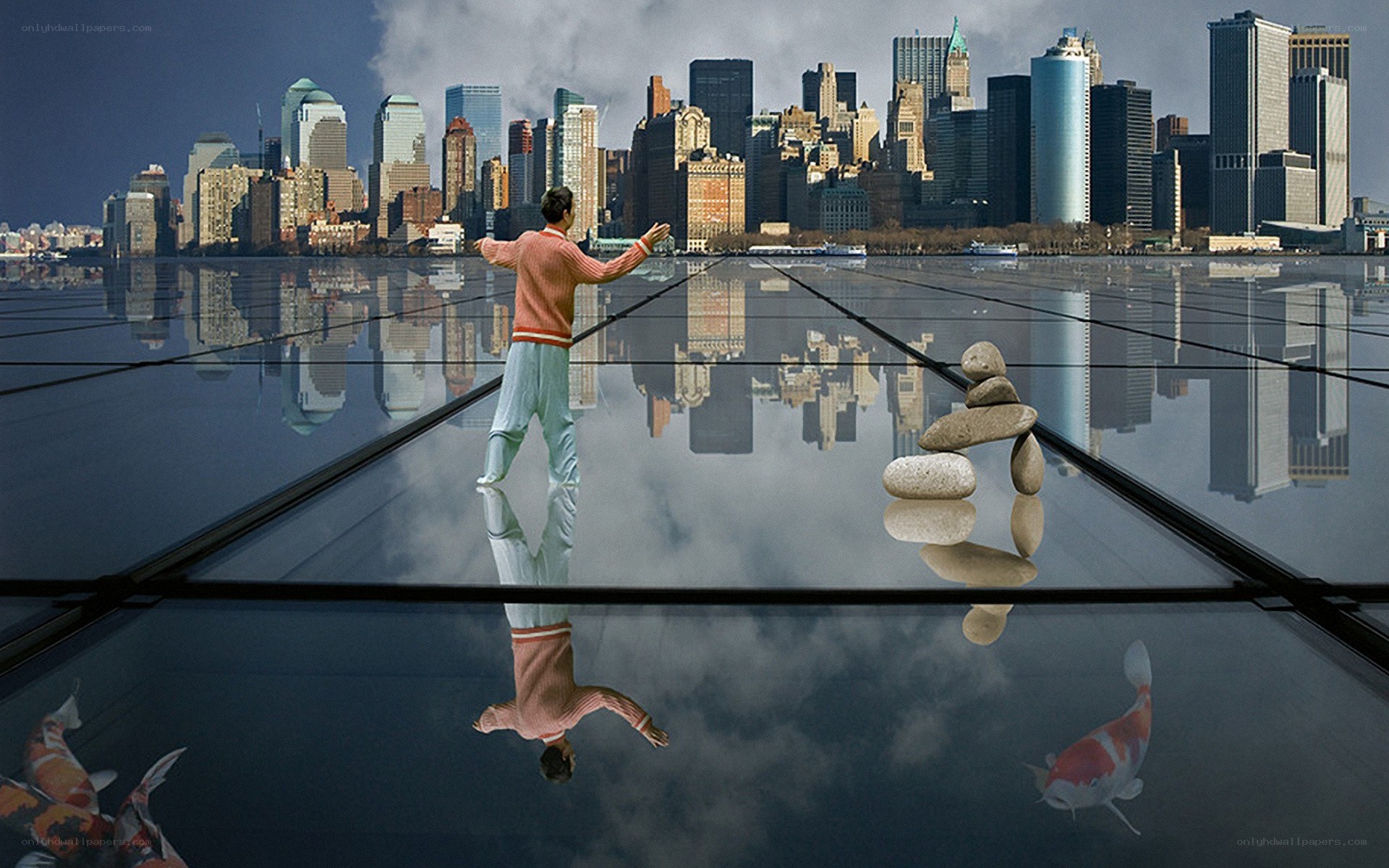 Man balancing on glass walkway
