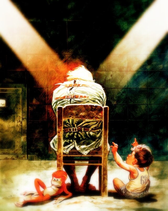Man bound to a chair with child