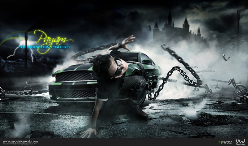 man breaking chains with car