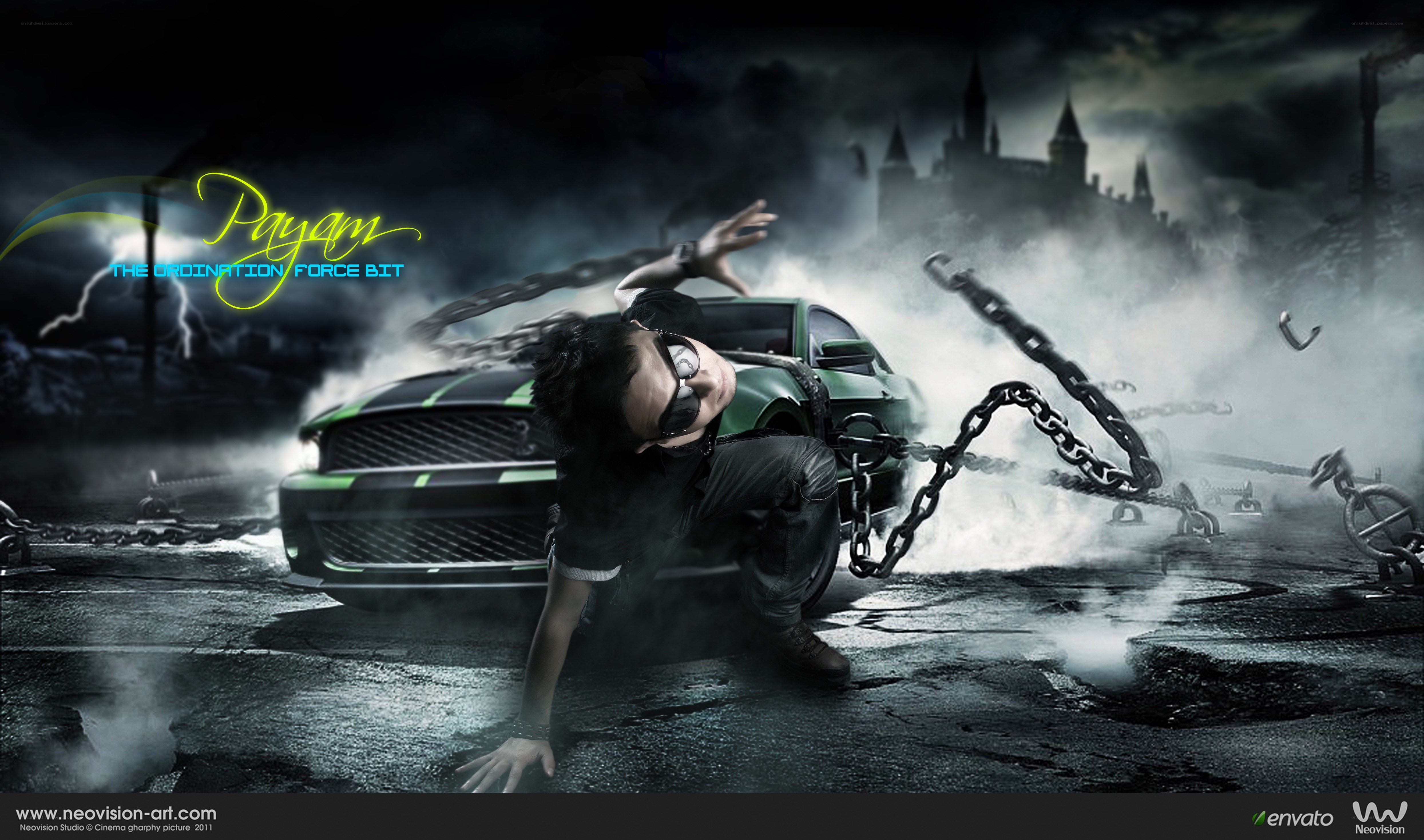man breaking chains with car