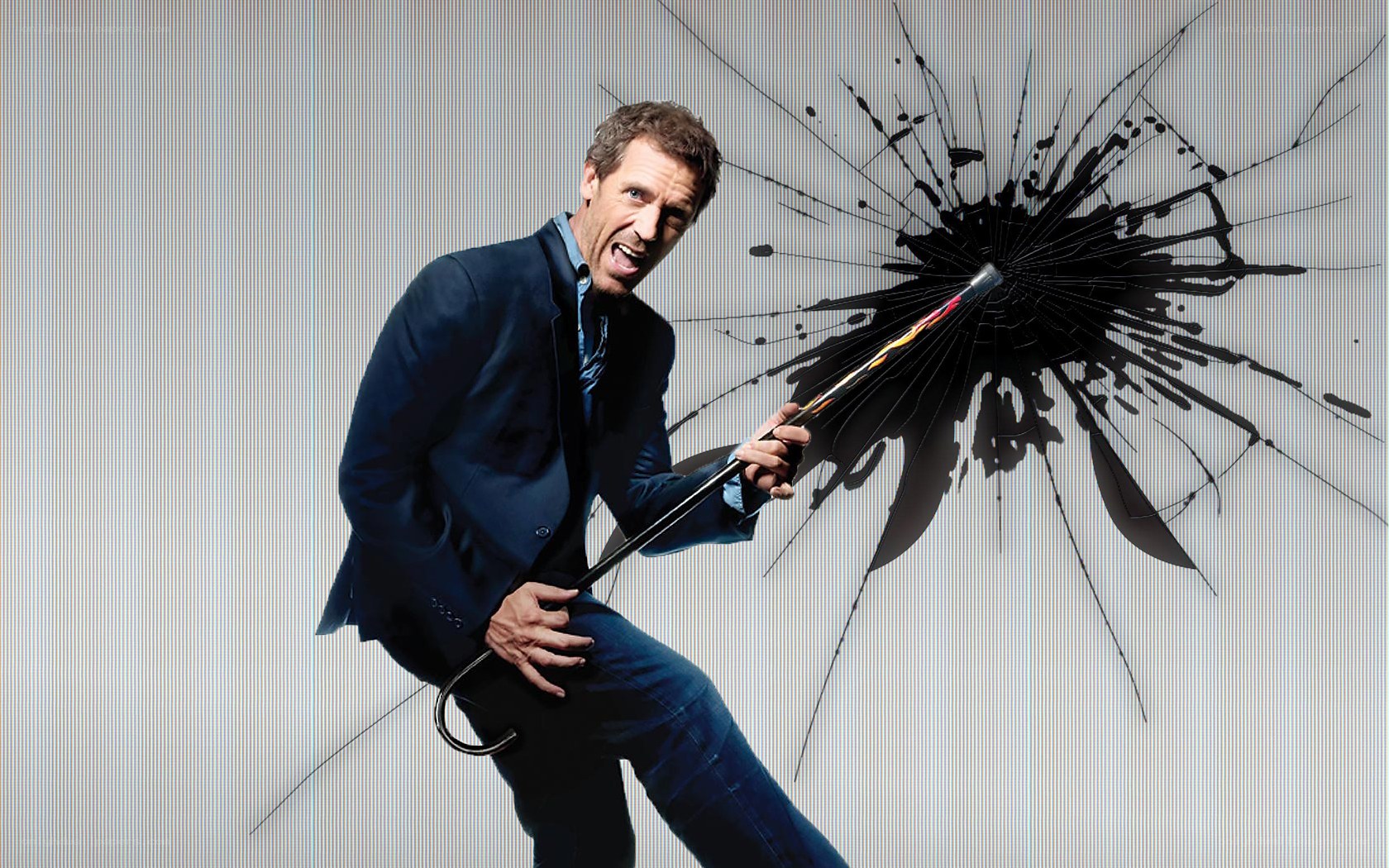 Man breaking glass with umbrella