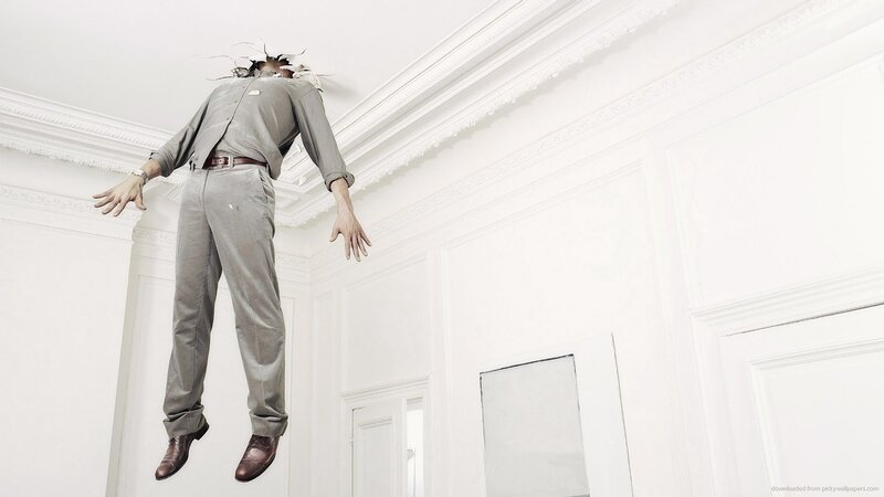 Man Breaking Through Ceiling — White, Dramatic, Photograph