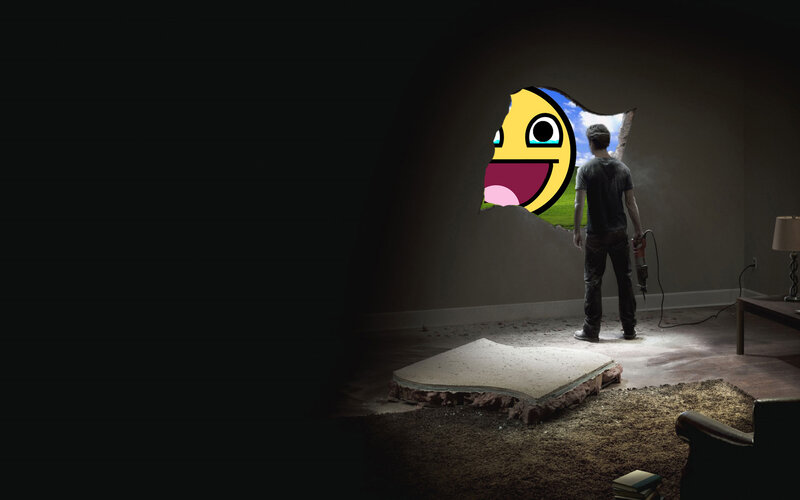 Man breaks wall to see smiley face