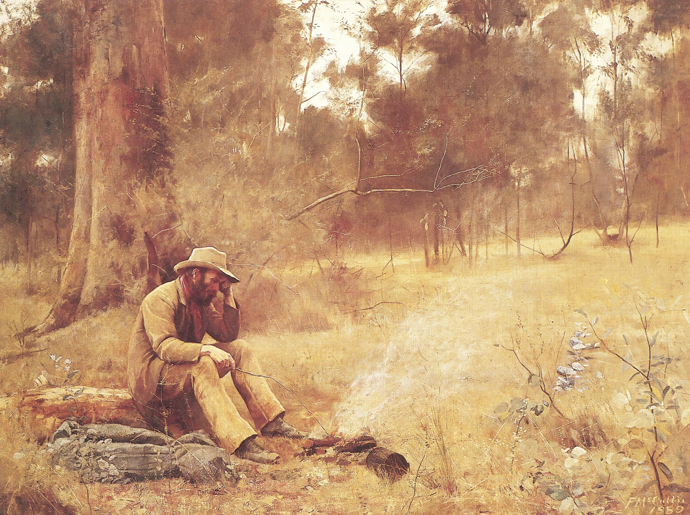 Man by a campfire in the bush