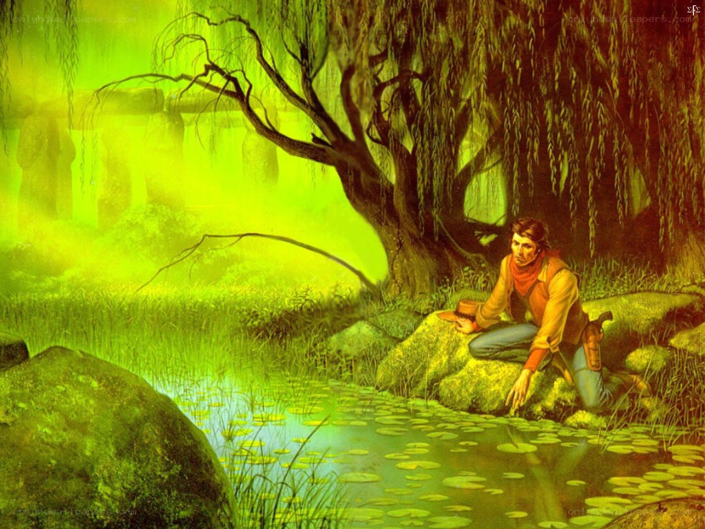 Man by a lily pond