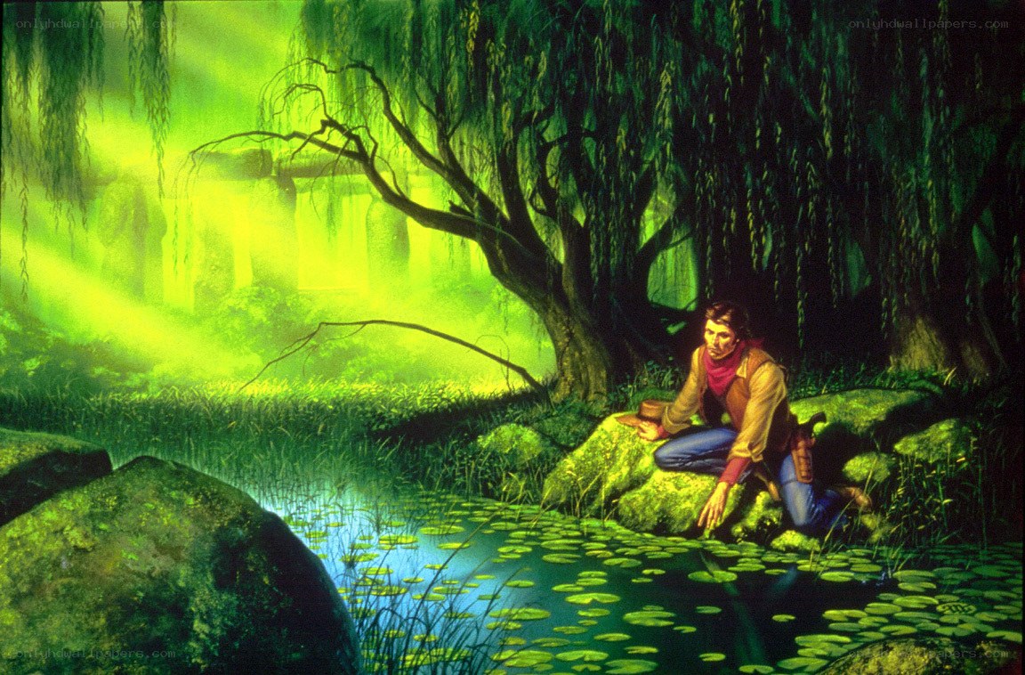 Man by a lily pond