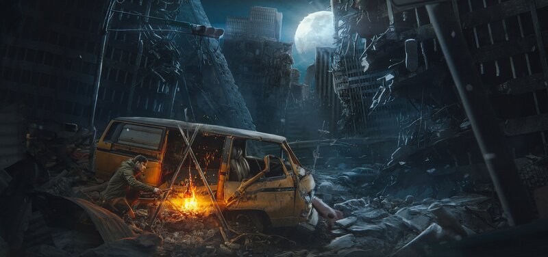 Man by Fire in Ruins