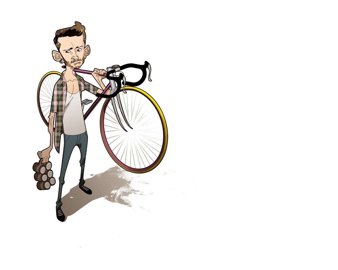 man carrying bicycle and cans