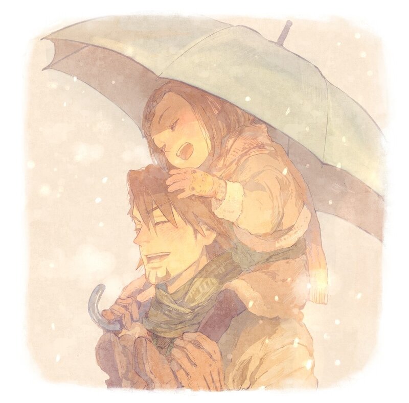 Man Carrying Child in Snow