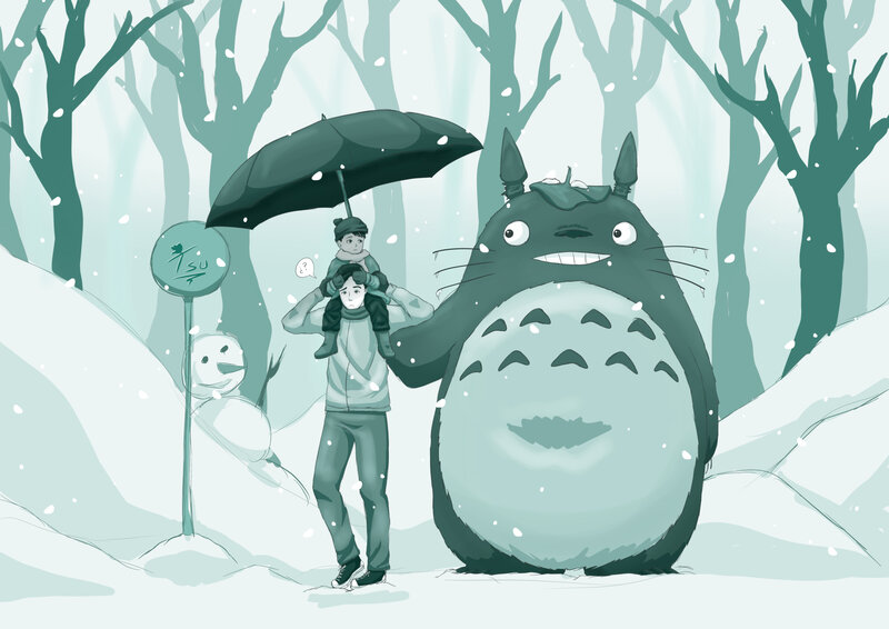Man Carrying Child with Totoro