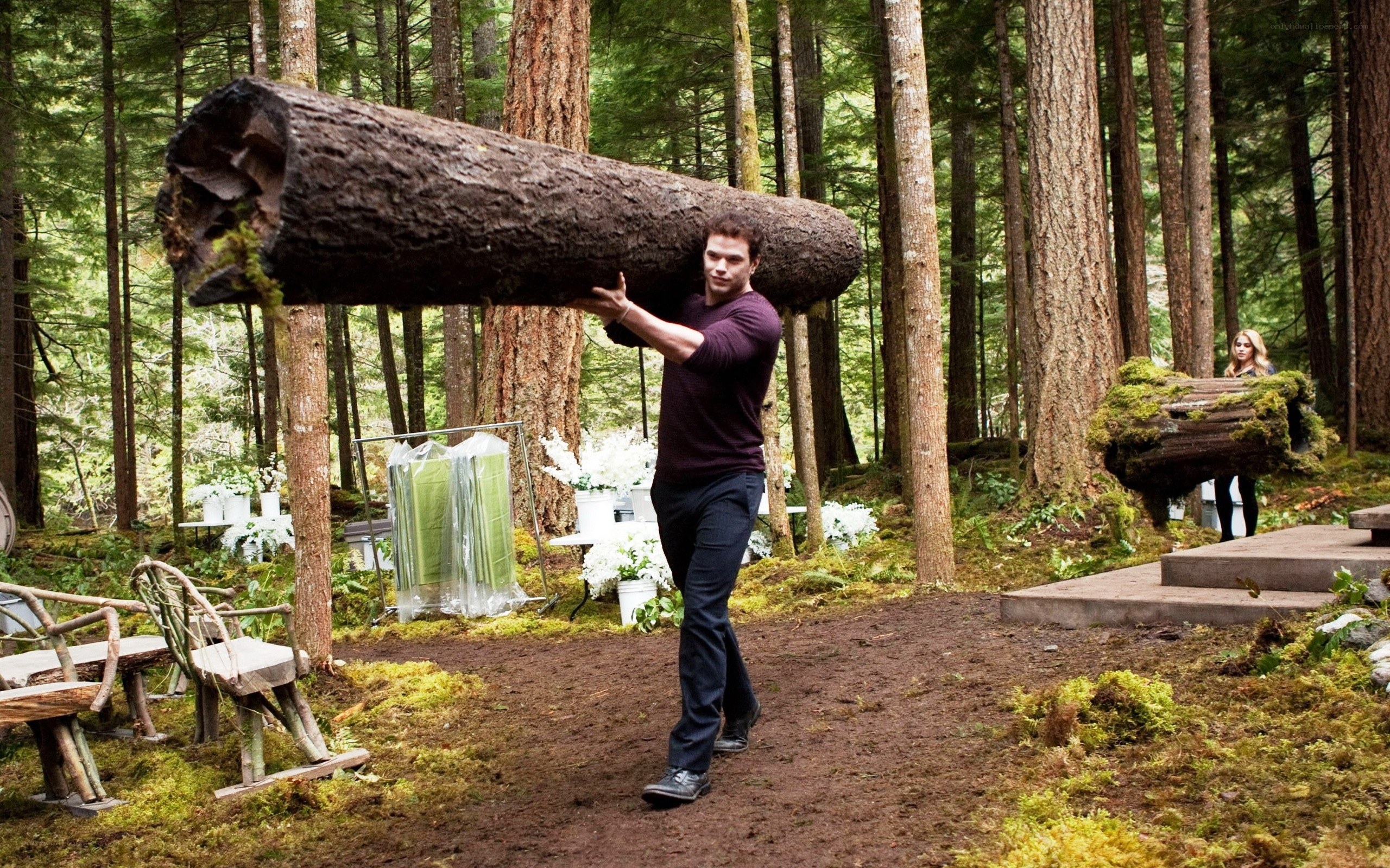 Man carrying log in forest