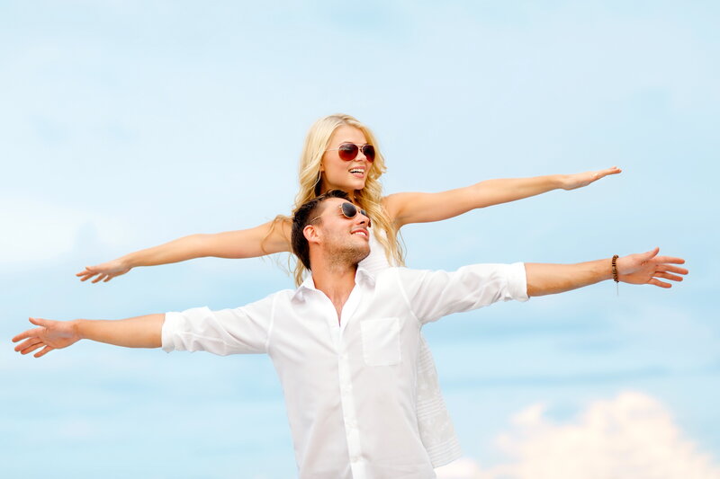 Man Carrying Woman — Blue, Joyful, Afternoon, Photograph