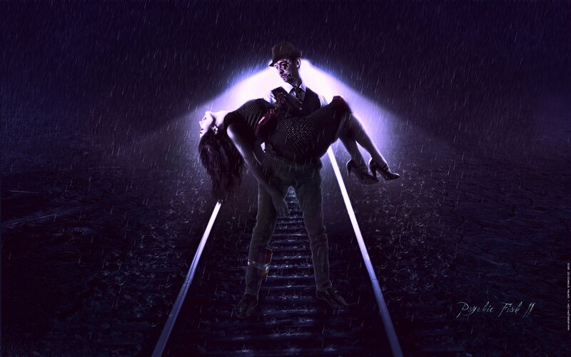 Man carrying woman on train tracks