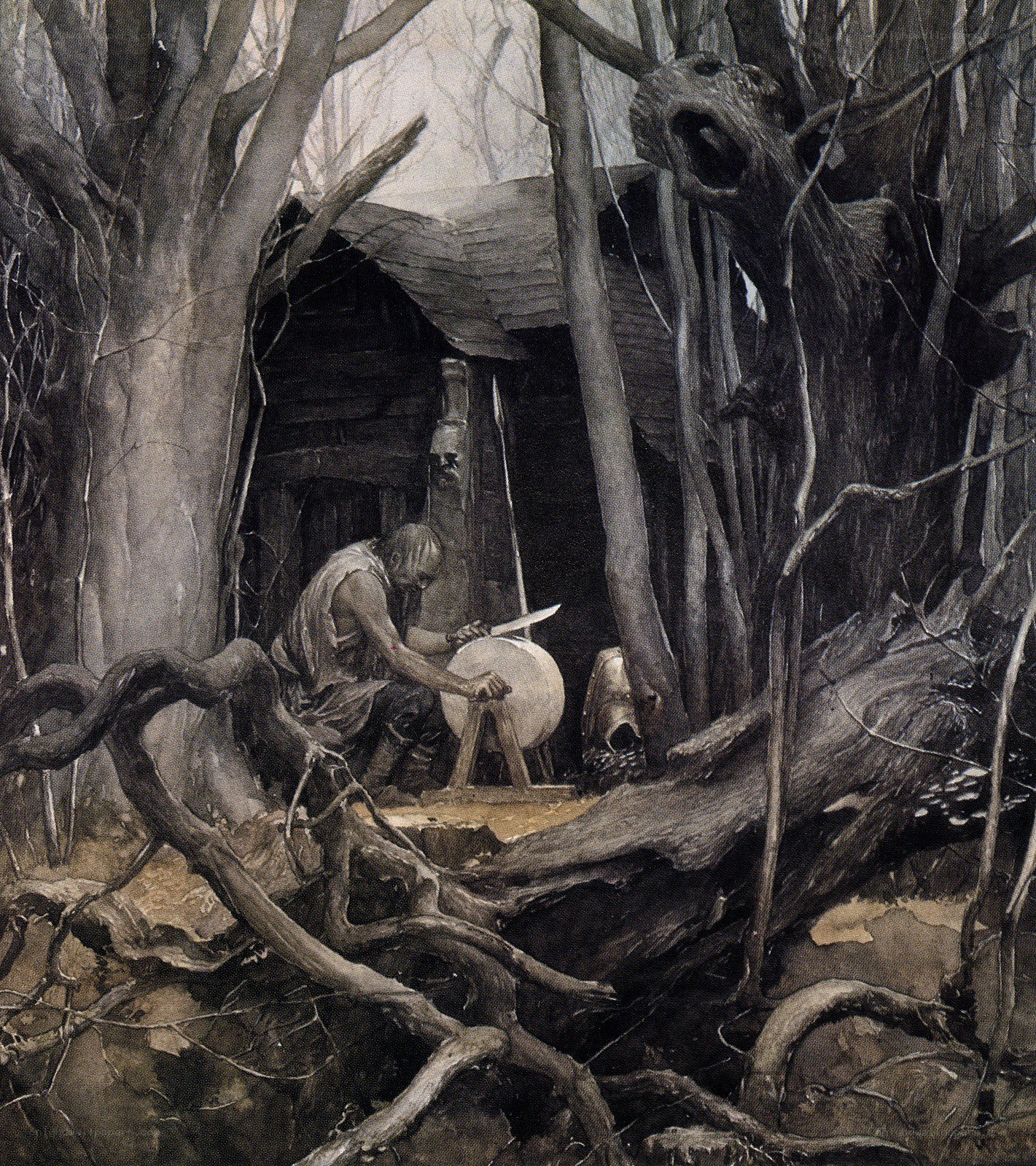 Man carving drum in forest hut