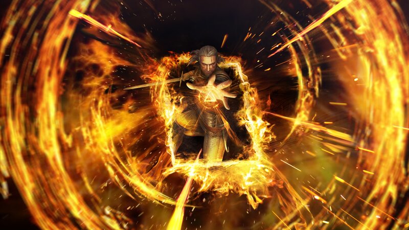 Man Casting Fire Spell — Orange, Dramatic