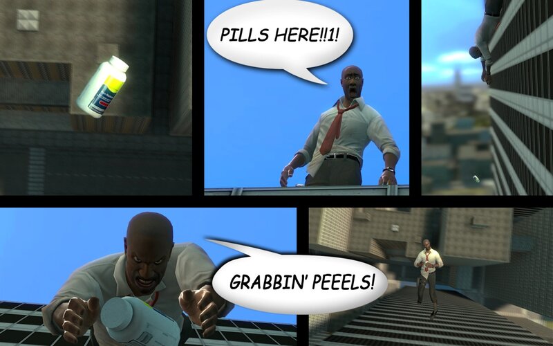 Man chasing pills on rooftop