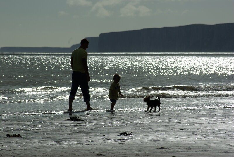 Man Child Dog on Beach
