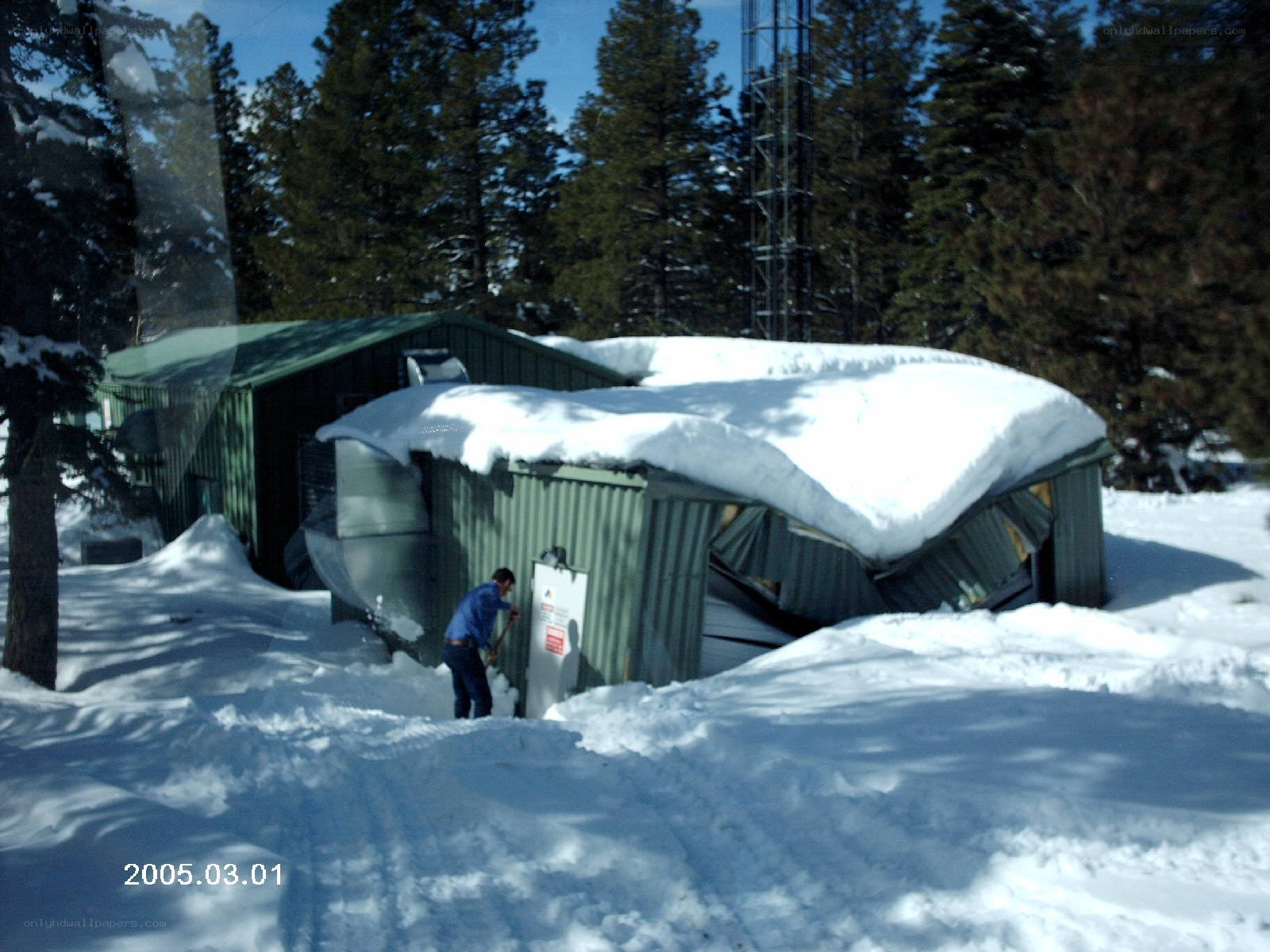 Man clearing snow from shed