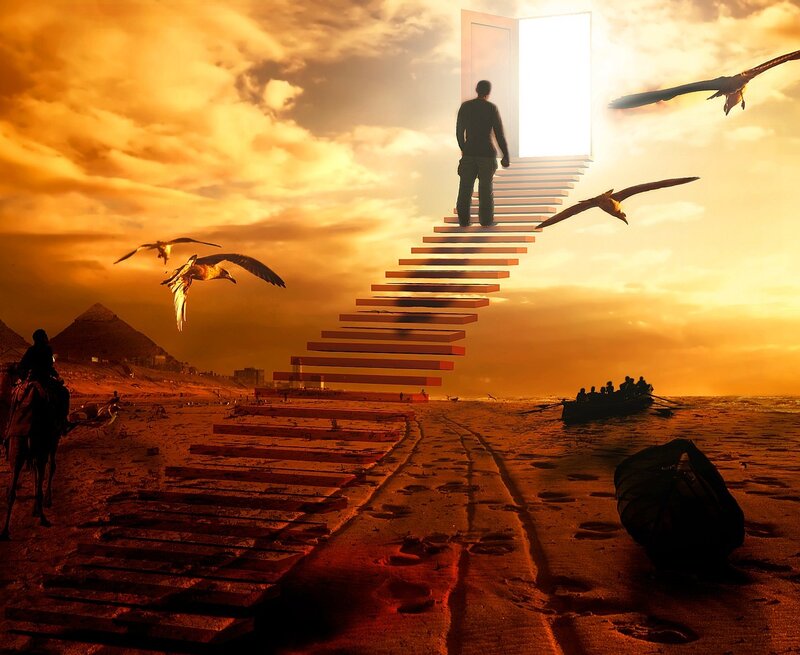 man climbing stairs to light