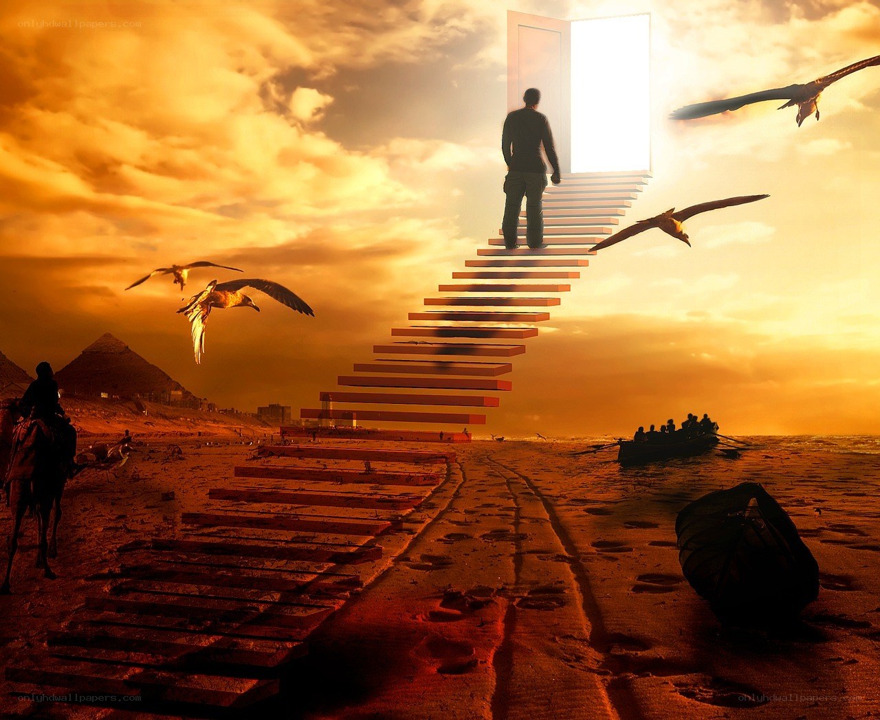 man climbing stairs to light
