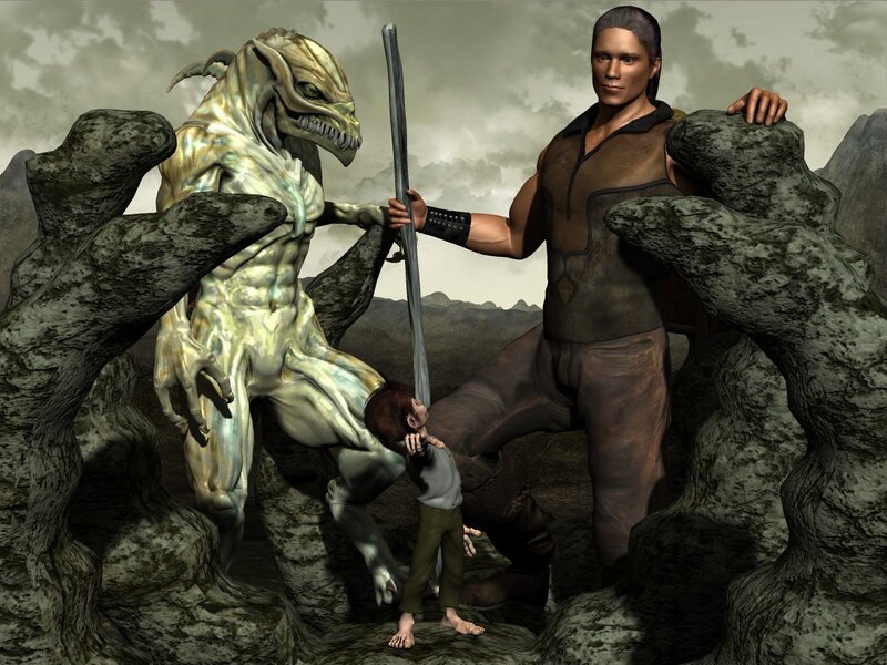 Man confronting alien creature