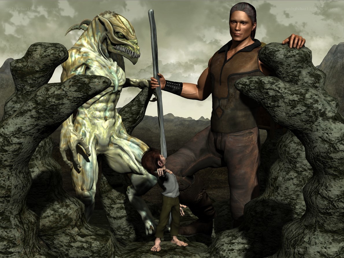 Man confronting alien creature