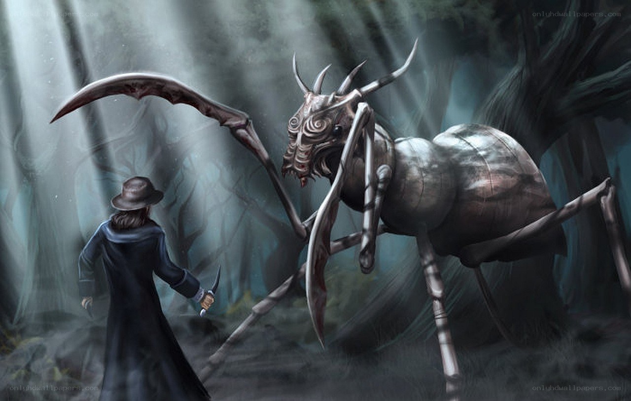 Man confronts giant ant