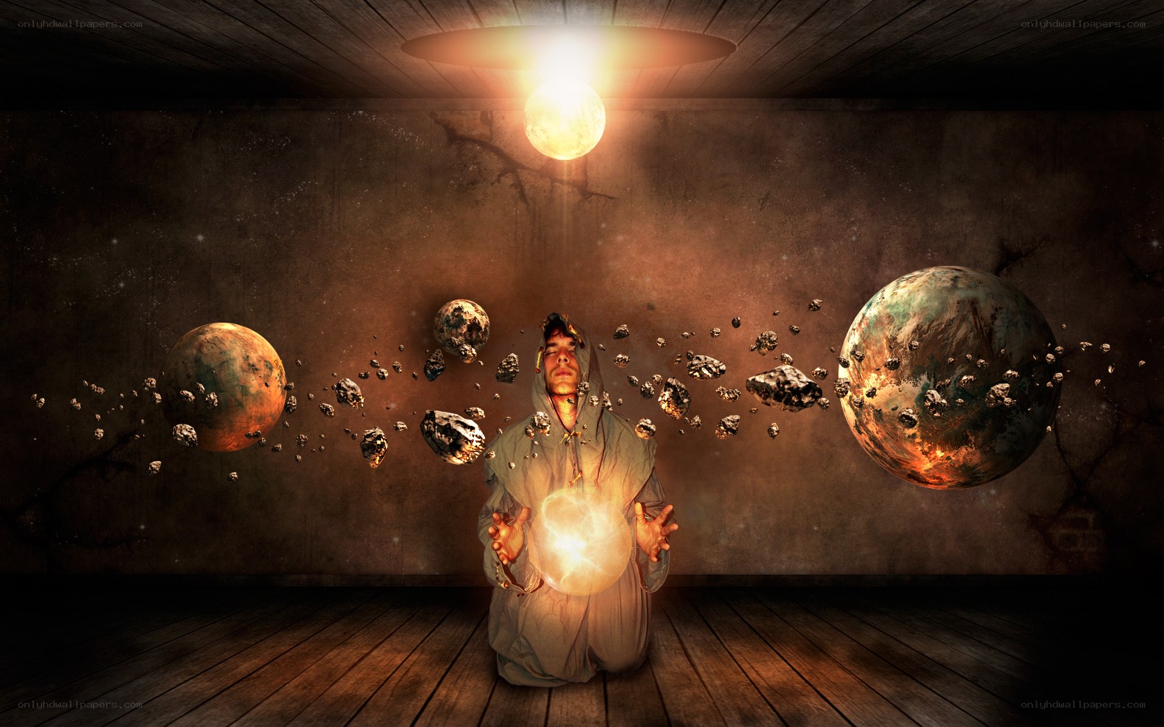 man conjuring celestial bodies