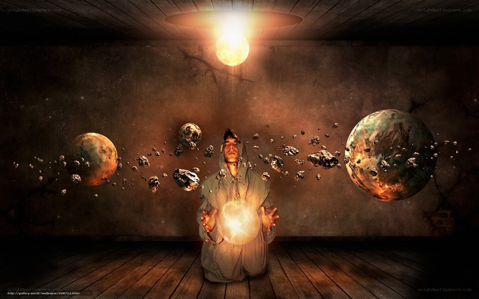 man creating planets in a room