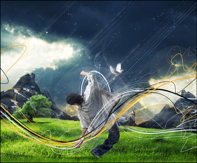 man dancing in a dreamlike landscape