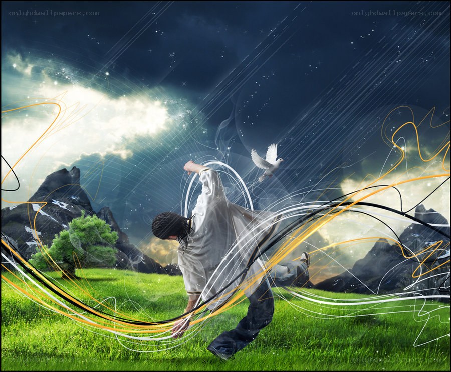 man dancing in a dreamlike landscape