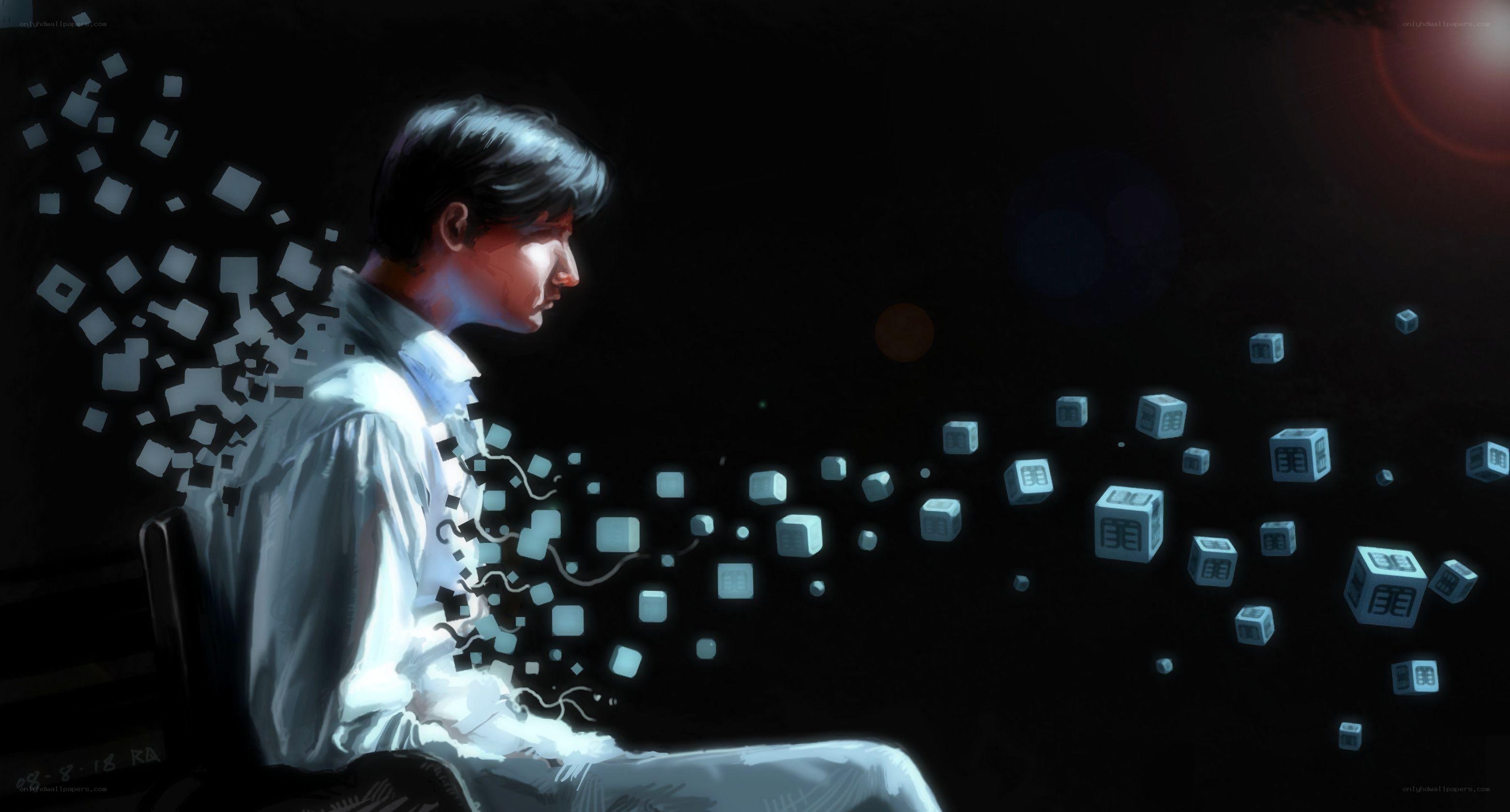 man dissolving into data cubes