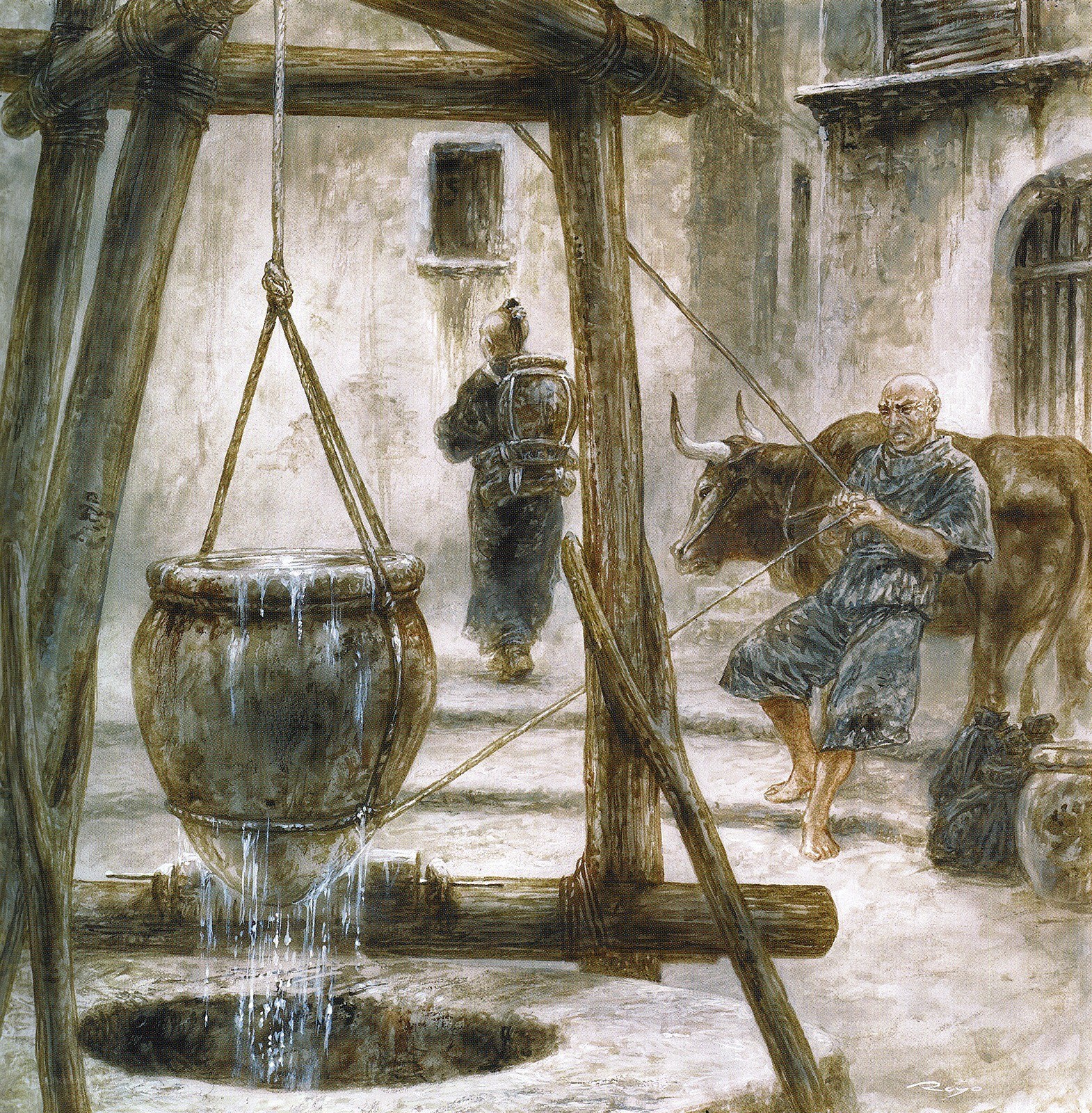 Man drawing water from a well