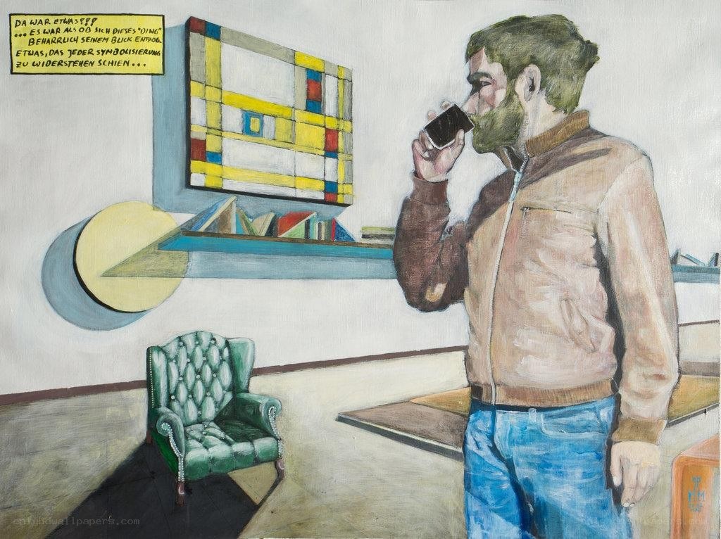 Man drinking in an art gallery