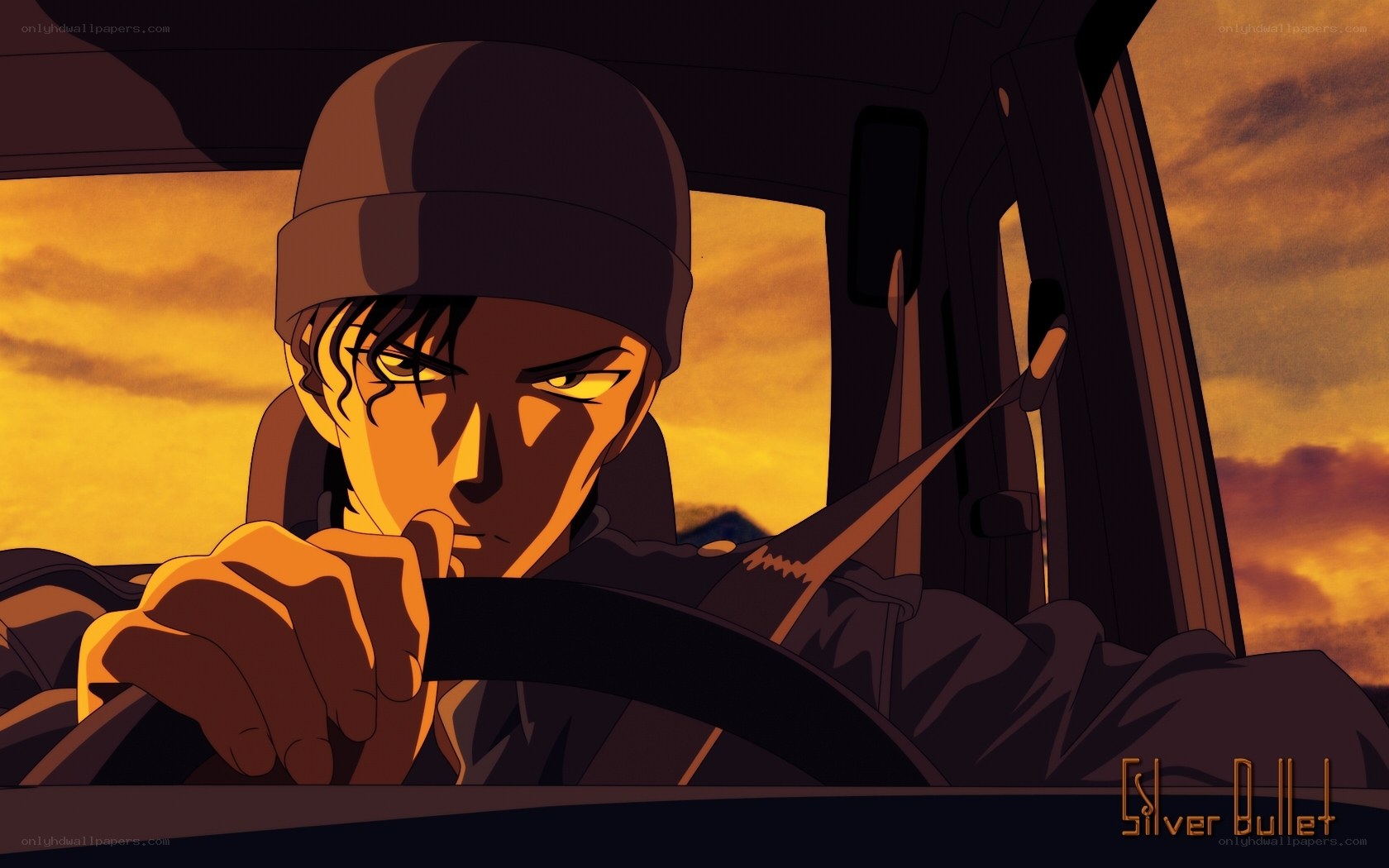 man driving at sunset