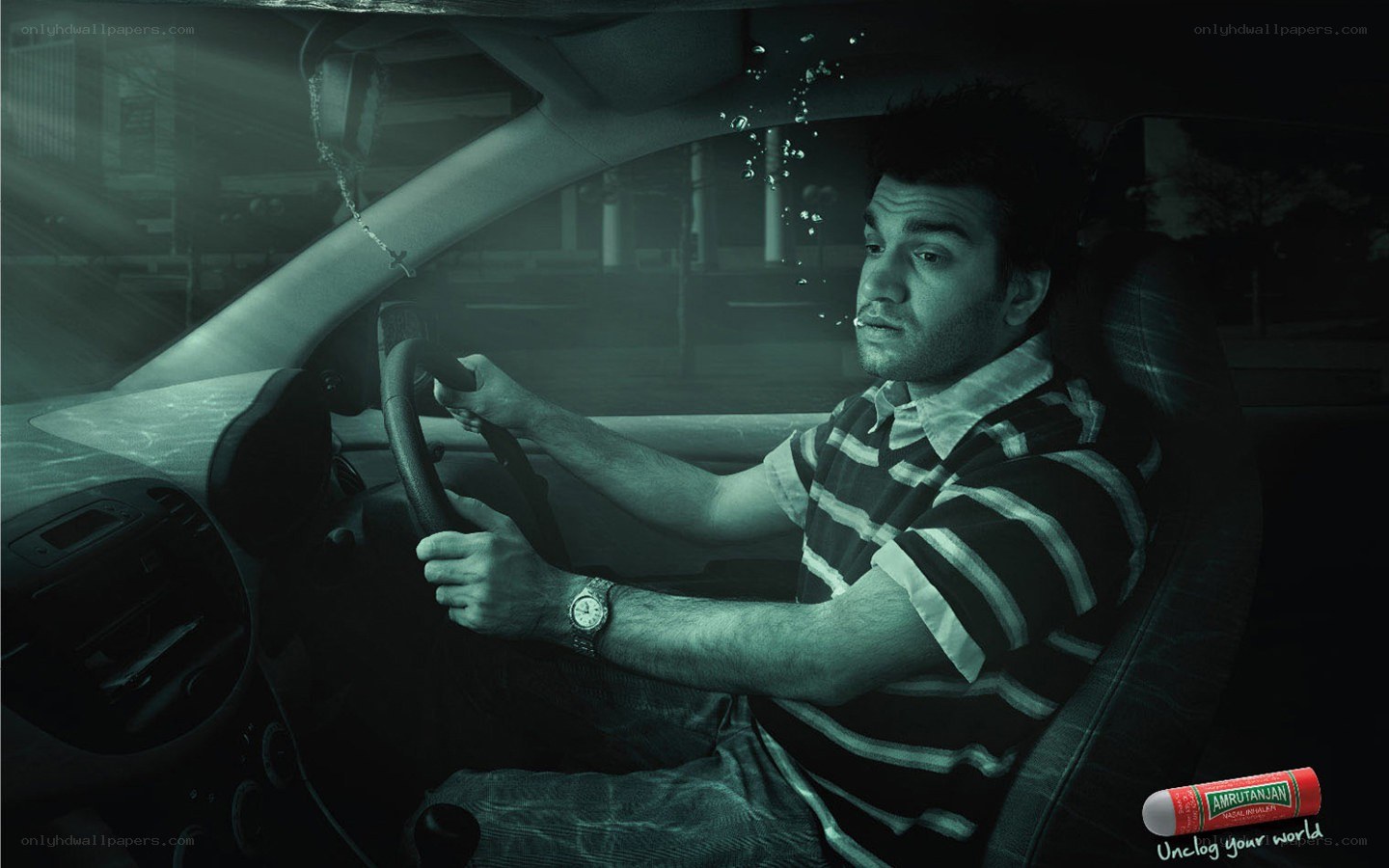 Man driving car underwater