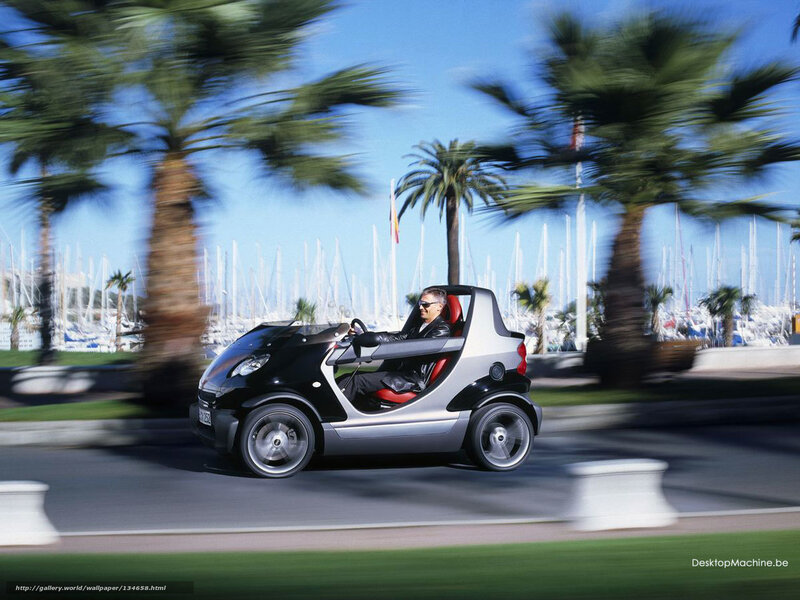 Man driving smart car on coastal road